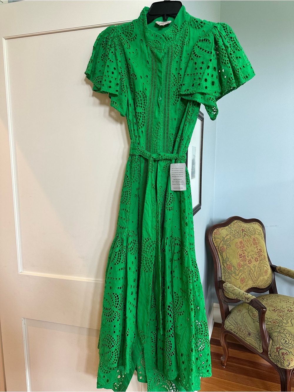 Emerald Eyelet Maxi Dress with Tie Waist